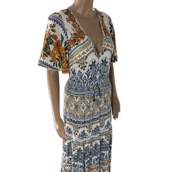 Farm Rio Blue Floral Tapestry Tie Waist Short White Sleeve Dress - Picture 5 of 10